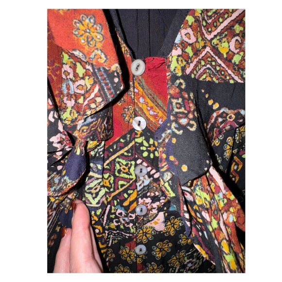 Free People sz M Women's Boho Patchwork Maxi Dress Long Sleeve Button Front 70s - Picture 10 of 16